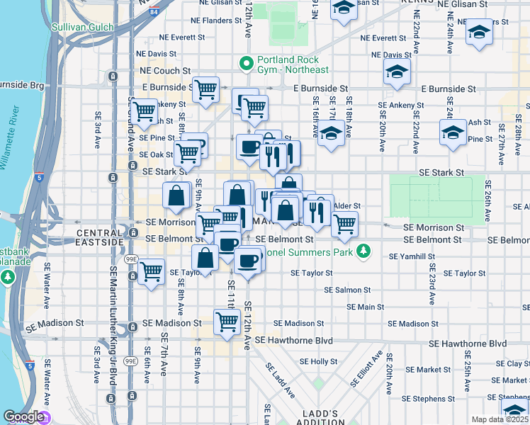 map of restaurants, bars, coffee shops, grocery stores, and more near 1301 Southeast Morrison Street in Portland