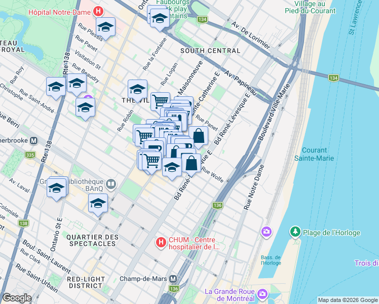map of restaurants, bars, coffee shops, grocery stores, and more near 1240 Rue Montcalm in Montréal
