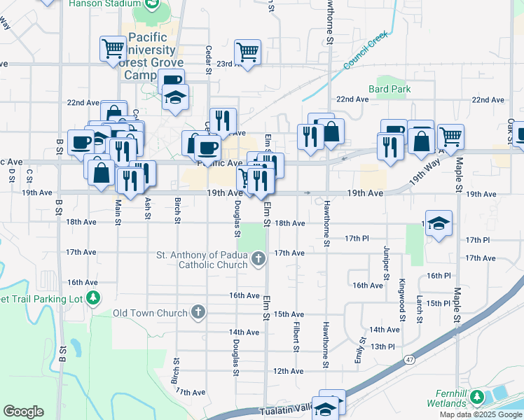 map of restaurants, bars, coffee shops, grocery stores, and more near 1818 Elm Street in Forest Grove