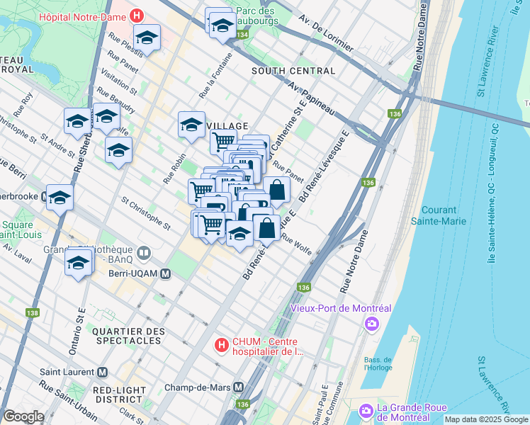 map of restaurants, bars, coffee shops, grocery stores, and more near 1240 Rue Montcalm in Montréal
