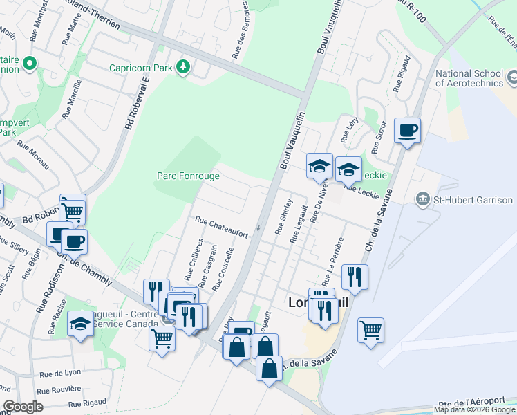map of restaurants, bars, coffee shops, grocery stores, and more near 289 Boulevard Vauquelin in Longueuil