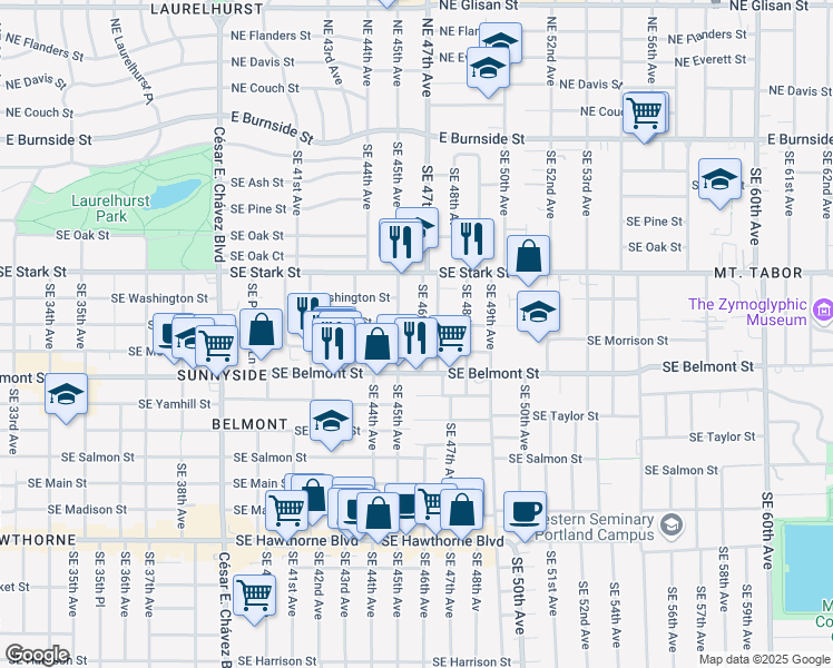 map of restaurants, bars, coffee shops, grocery stores, and more near 707 Southeast 46th Avenue in Portland
