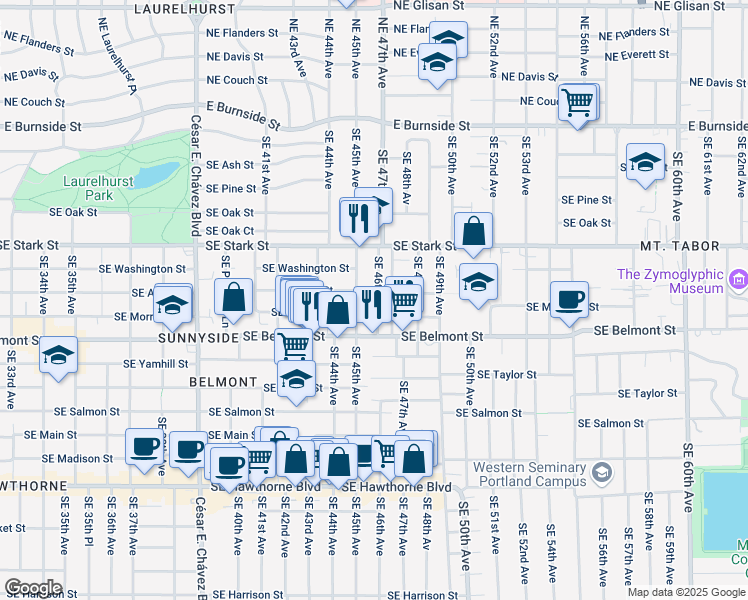 map of restaurants, bars, coffee shops, grocery stores, and more near 707 Southeast 46th Avenue in Portland