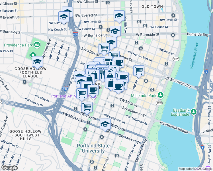 map of restaurants, bars, coffee shops, grocery stores, and more near 731 Southwest Salmon Street in Portland