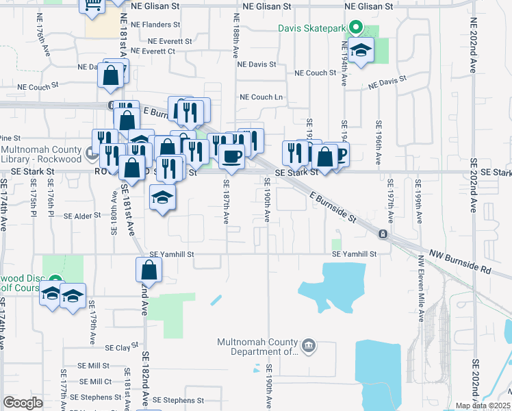 map of restaurants, bars, coffee shops, grocery stores, and more near 663 Southeast 190th Avenue in Portland