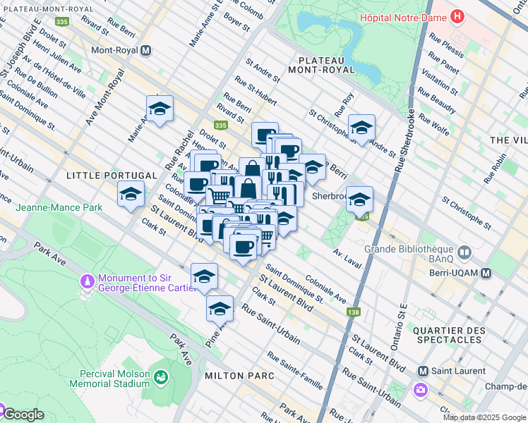 map of restaurants, bars, coffee shops, grocery stores, and more near in Montreal