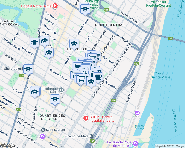 map of restaurants, bars, coffee shops, grocery stores, and more near 1314 Rue Wolfe in Montréal