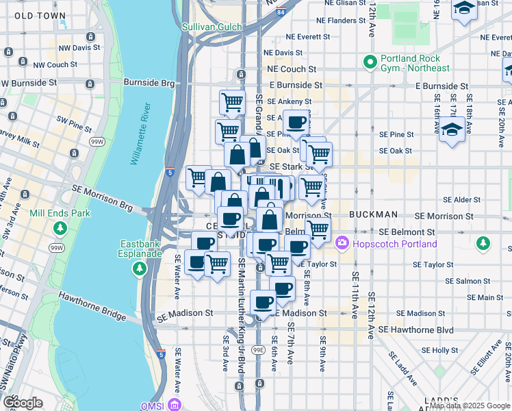 map of restaurants, bars, coffee shops, grocery stores, and more near in Portland