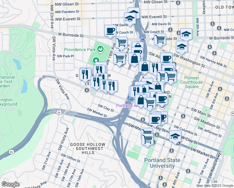 map of restaurants, bars, coffee shops, grocery stores, and more near 1501 Southwest Jefferson Street in Portland