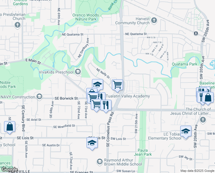 map of restaurants, bars, coffee shops, grocery stores, and more near 7392 Northeast Shaleen Street in Hillsboro