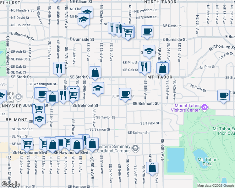 map of restaurants, bars, coffee shops, grocery stores, and more near 727 Southeast 54th Avenue in Portland
