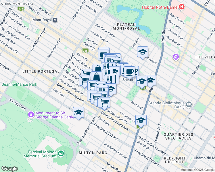 map of restaurants, bars, coffee shops, grocery stores, and more near 3783 Avenue Laval in Montreal
