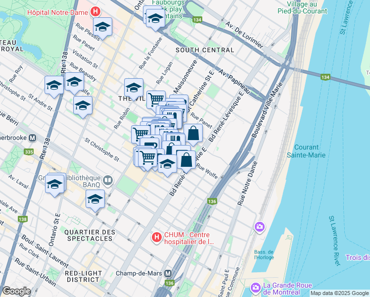 map of restaurants, bars, coffee shops, grocery stores, and more near 1240 Rue Montcalm in Montreal
