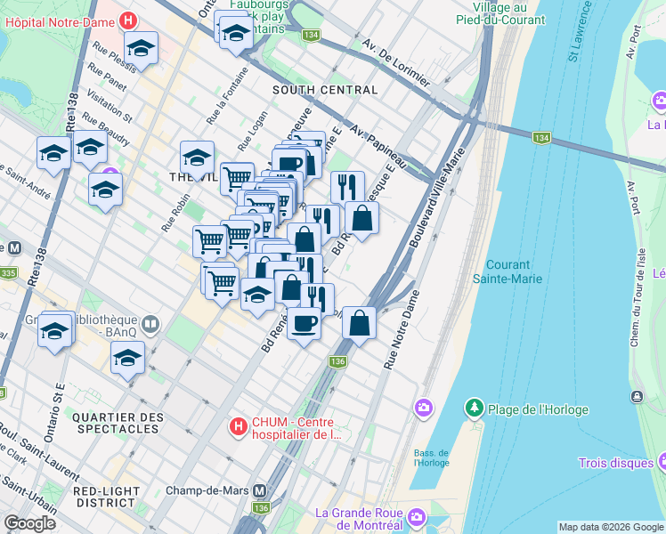 map of restaurants, bars, coffee shops, grocery stores, and more near 1220 Boulevard René-Lévesque Est in Montréal