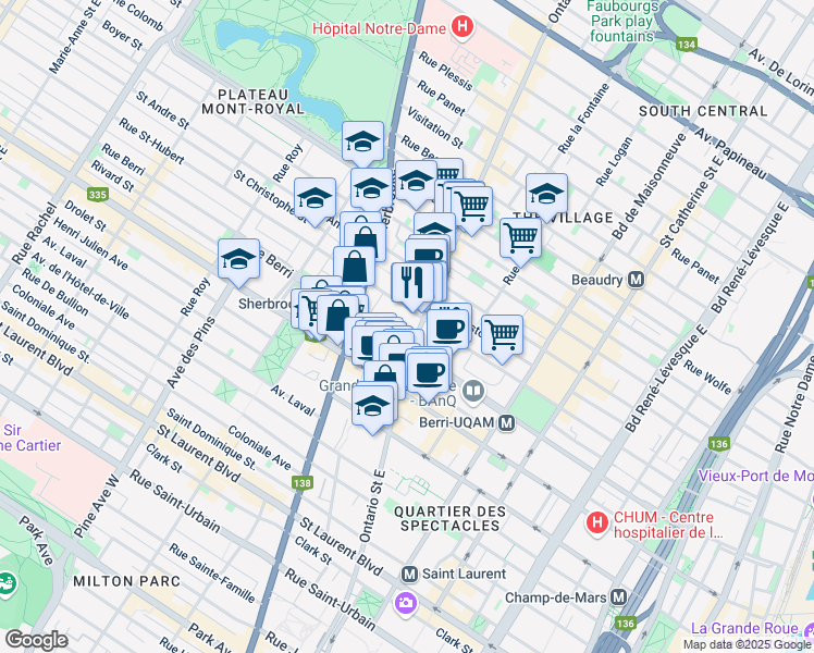map of restaurants, bars, coffee shops, grocery stores, and more near in Montreal