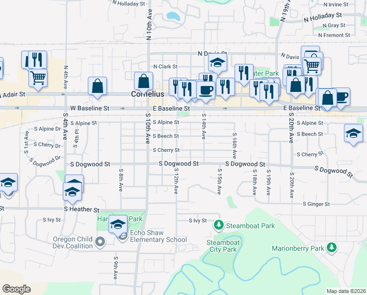 map of restaurants, bars, coffee shops, grocery stores, and more near 1244 South Cherry Street in Cornelius