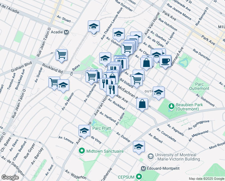 map of restaurants, bars, coffee shops, grocery stores, and more near 795 Avenue Davaar in Montréal