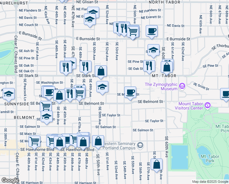 map of restaurants, bars, coffee shops, grocery stores, and more near 720 Southeast 53rd Avenue in Portland
