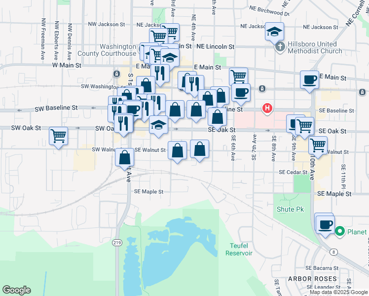 map of restaurants, bars, coffee shops, grocery stores, and more near 349 Southeast Walnut Street in Hillsboro