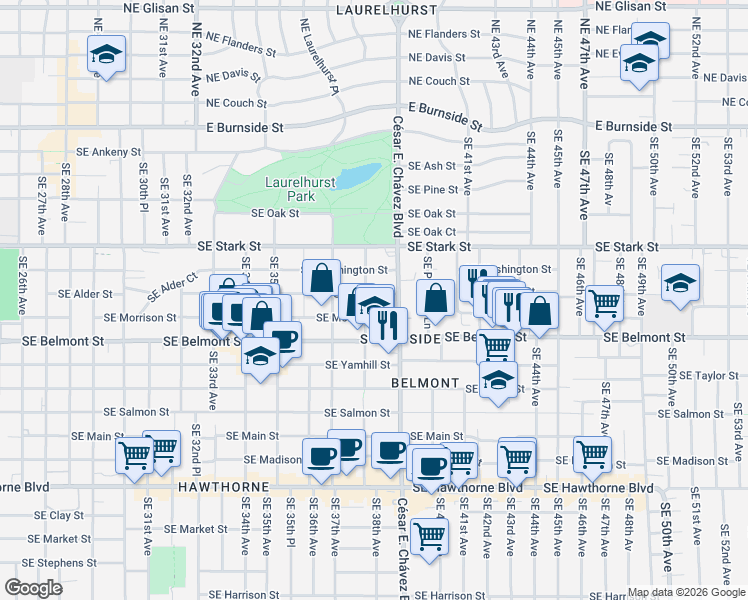 map of restaurants, bars, coffee shops, grocery stores, and more near 3814 SE Alder St in Portland