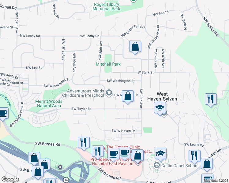map of restaurants, bars, coffee shops, grocery stores, and more near 9367 Southwest Morrison Street in Portland