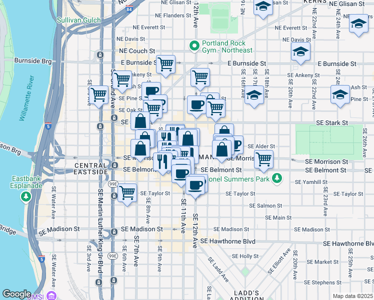 map of restaurants, bars, coffee shops, grocery stores, and more near 1025 Southeast Morrison Street in Portland