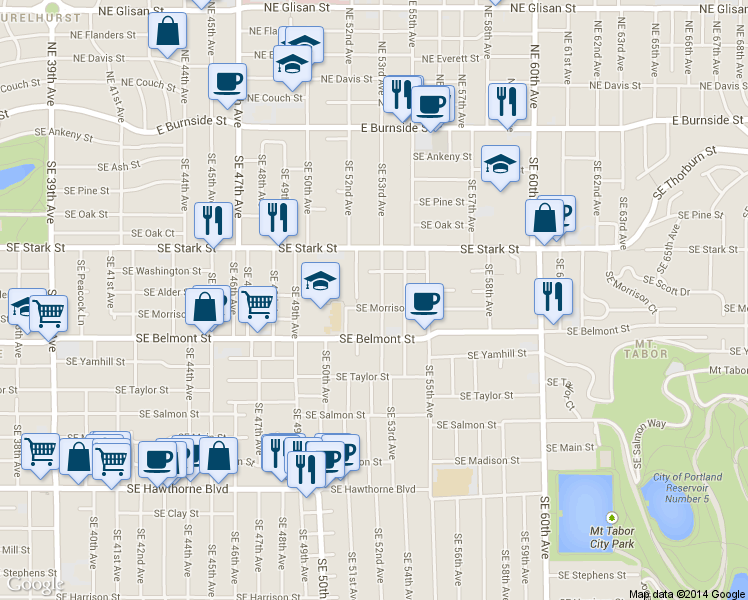 map of restaurants, bars, coffee shops, grocery stores, and more near 720 Southeast 53rd Avenue in Portland