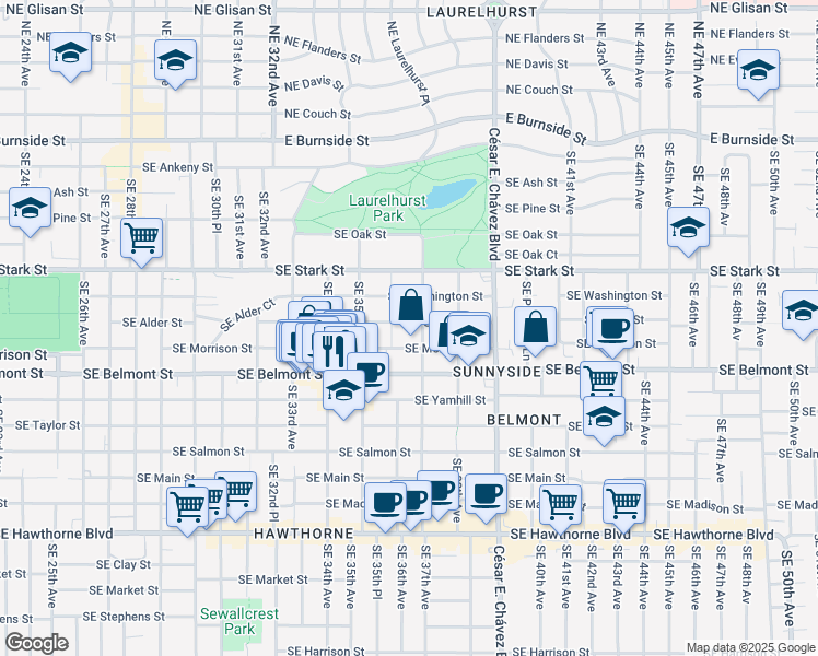 map of restaurants, bars, coffee shops, grocery stores, and more near 3634 Southeast Alder Street in Portland