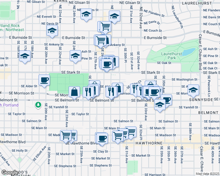 map of restaurants, bars, coffee shops, grocery stores, and more near 2921 Southeast Morrison Street in Portland