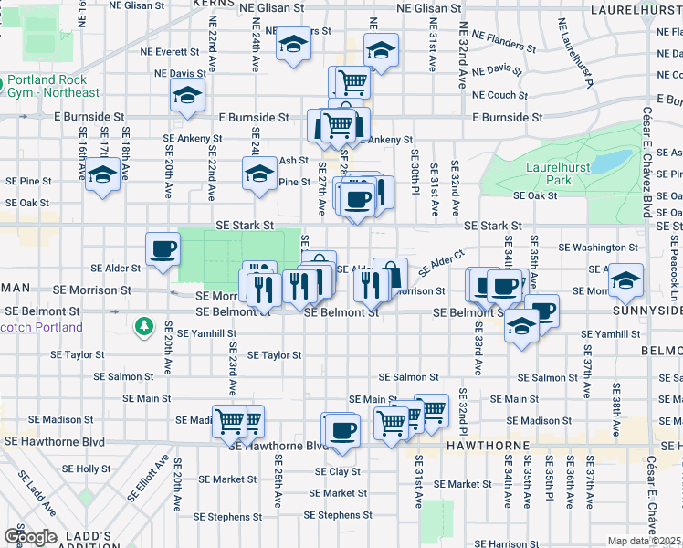 map of restaurants, bars, coffee shops, grocery stores, and more near 712 Southeast 28th Avenue in Portland