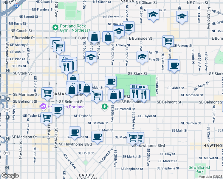 map of restaurants, bars, coffee shops, grocery stores, and more near 1917-1919 Southeast Morrison Street in Portland
