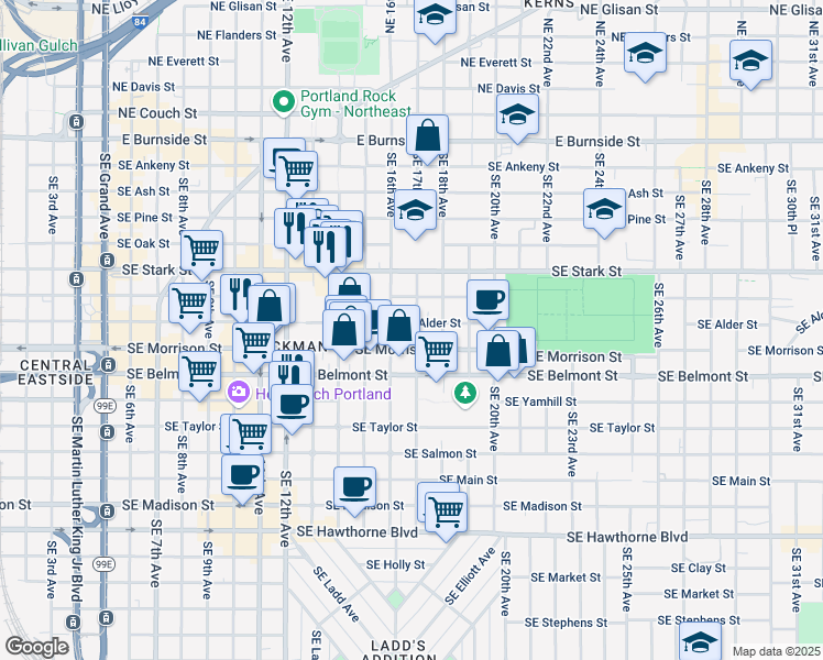 map of restaurants, bars, coffee shops, grocery stores, and more near 1619-1623 Southeast Morrison Street in Portland
