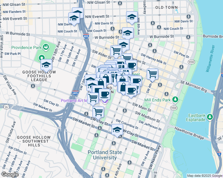 map of restaurants, bars, coffee shops, grocery stores, and more near in Portland