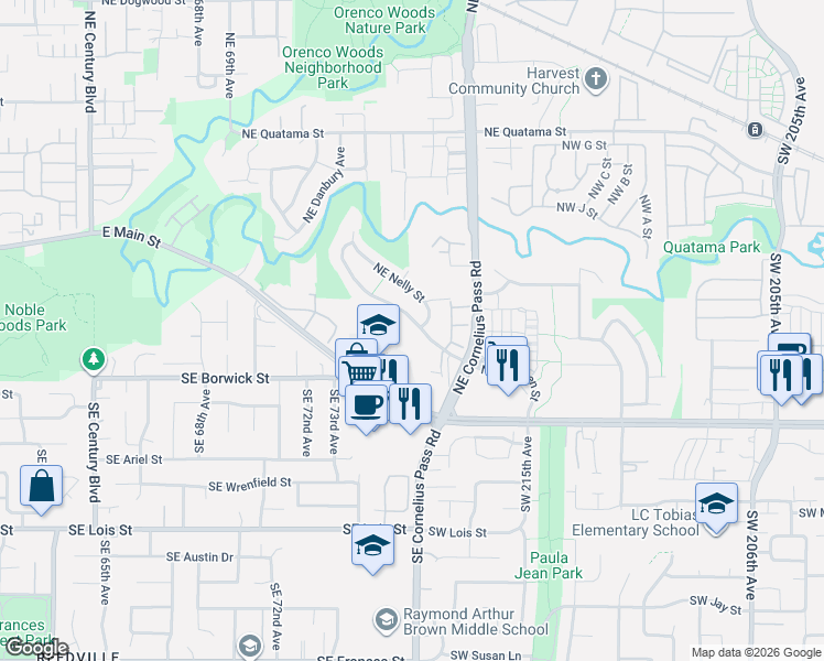 map of restaurants, bars, coffee shops, grocery stores, and more near 7390 Northeast Shaleen Street in Hillsboro
