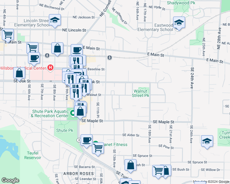 map of restaurants, bars, coffee shops, grocery stores, and more near 1375 Southeast Walnut Street in Hillsboro