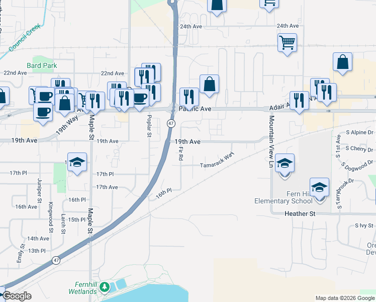 map of restaurants, bars, coffee shops, grocery stores, and more near 1818 Redwood Court North in Forest Grove