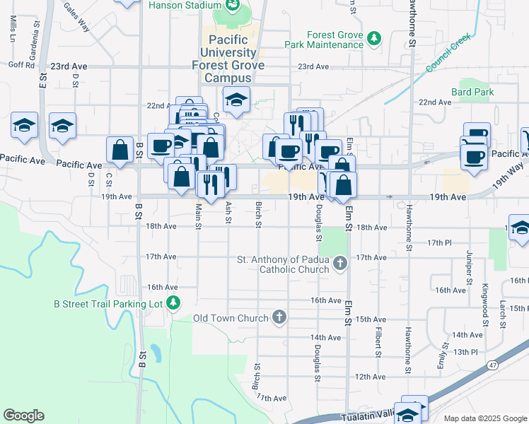 map of restaurants, bars, coffee shops, grocery stores, and more near 1803 Birch Street in Forest Grove