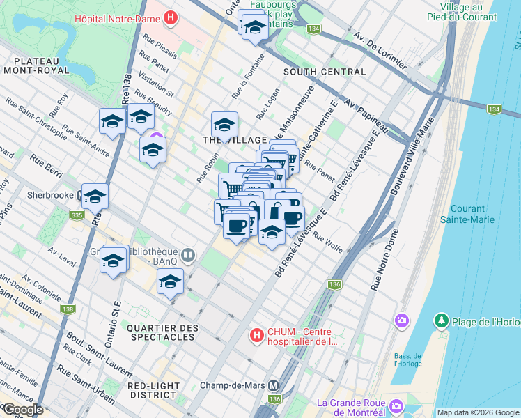 map of restaurants, bars, coffee shops, grocery stores, and more near 1103 Rue Sainte-Catherine Est in Montréal
