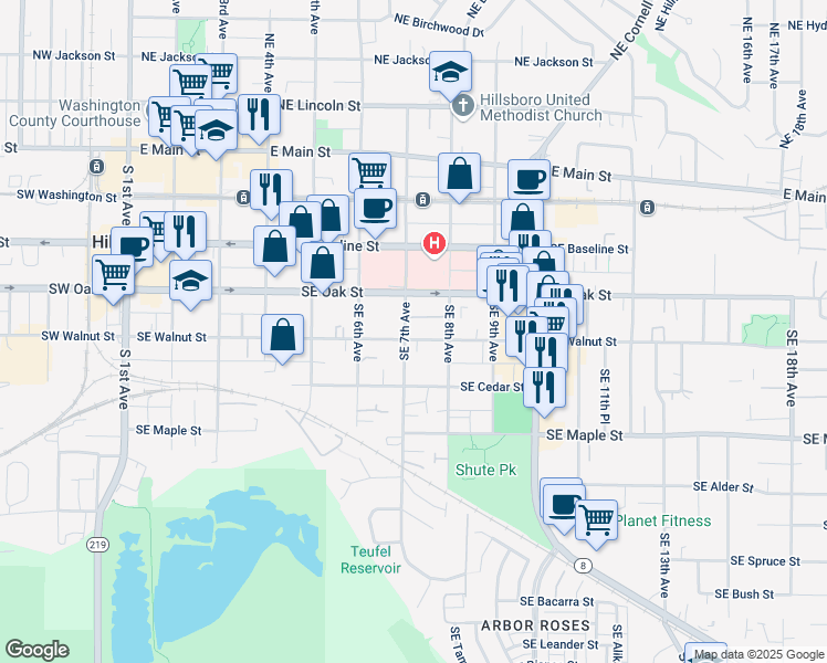 map of restaurants, bars, coffee shops, grocery stores, and more near 468 Southeast 7th Avenue in Hillsboro