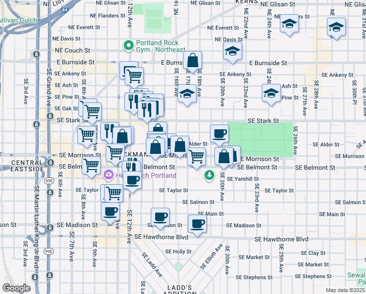 map of restaurants, bars, coffee shops, grocery stores, and more near 1619-1623 Southeast Morrison Street in Portland