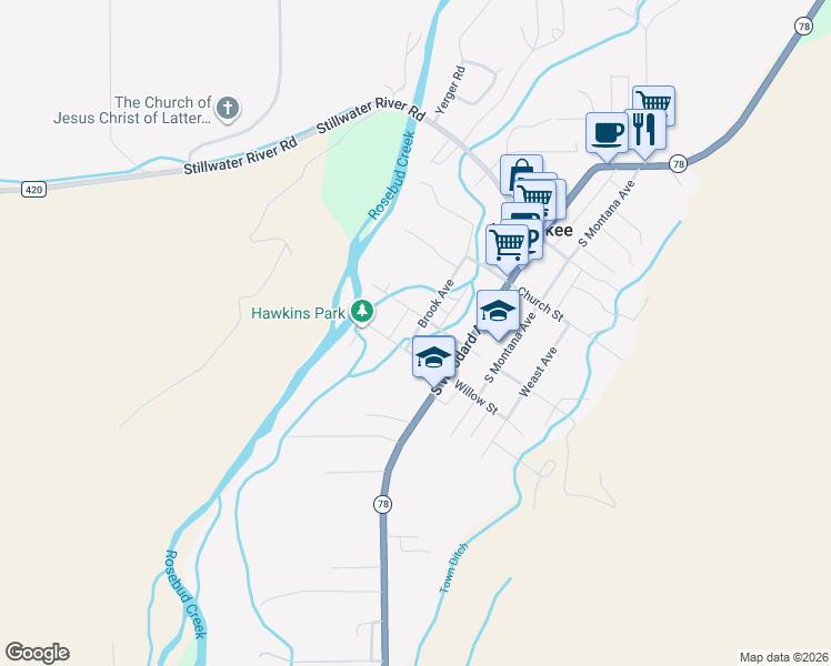 map of restaurants, bars, coffee shops, grocery stores, and more near 201-213 Brook Avenue in Absarokee