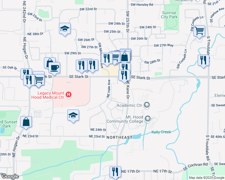 map of restaurants, bars, coffee shops, grocery stores, and more near 3123 Northeast 29th Street in Gresham