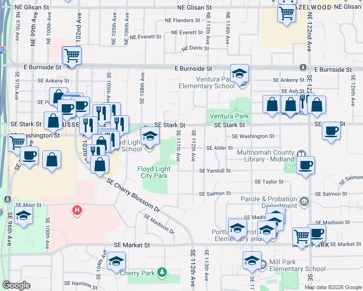 map of restaurants, bars, coffee shops, grocery stores, and more near 622 Southeast 111th Avenue in Portland