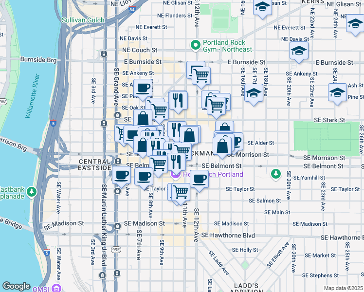 map of restaurants, bars, coffee shops, grocery stores, and more near 711 Southeast 11th Avenue in Portland