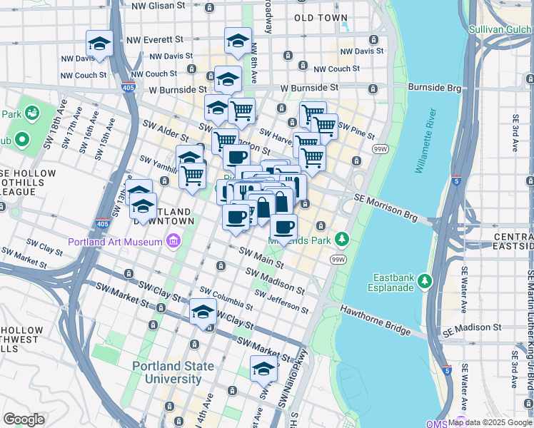 map of restaurants, bars, coffee shops, grocery stores, and more near 888 Southwest 5th Avenue in Portland