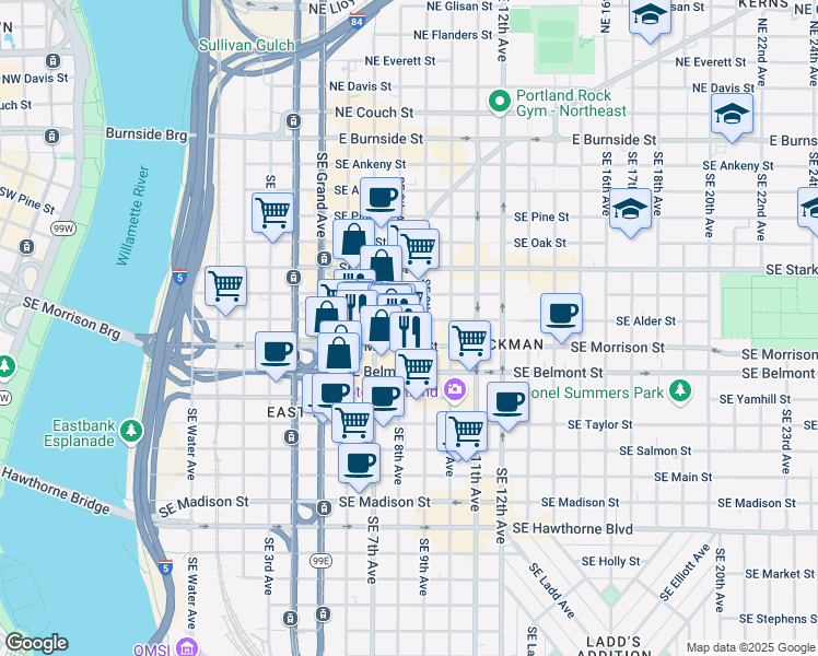 map of restaurants, bars, coffee shops, grocery stores, and more near 721 Southeast Morrison Street in Portland