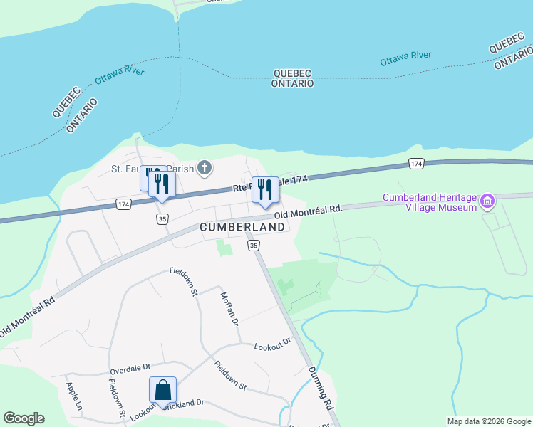 map of restaurants, bars, coffee shops, grocery stores, and more near 2607 Old Montréal Road in Ottawa