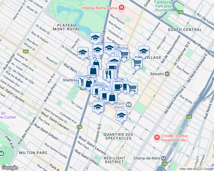 map of restaurants, bars, coffee shops, grocery stores, and more near 533 Rue Ontario Est in Montréal