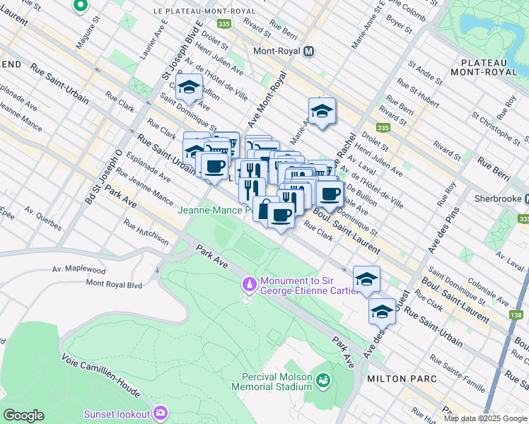 map of restaurants, bars, coffee shops, grocery stores, and more near 4301 Rue Saint-Urbain in Montréal