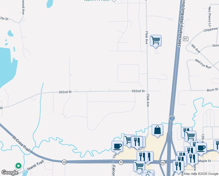 map of restaurants, bars, coffee shops, grocery stores, and more near 5276 392nd Street in North Branch